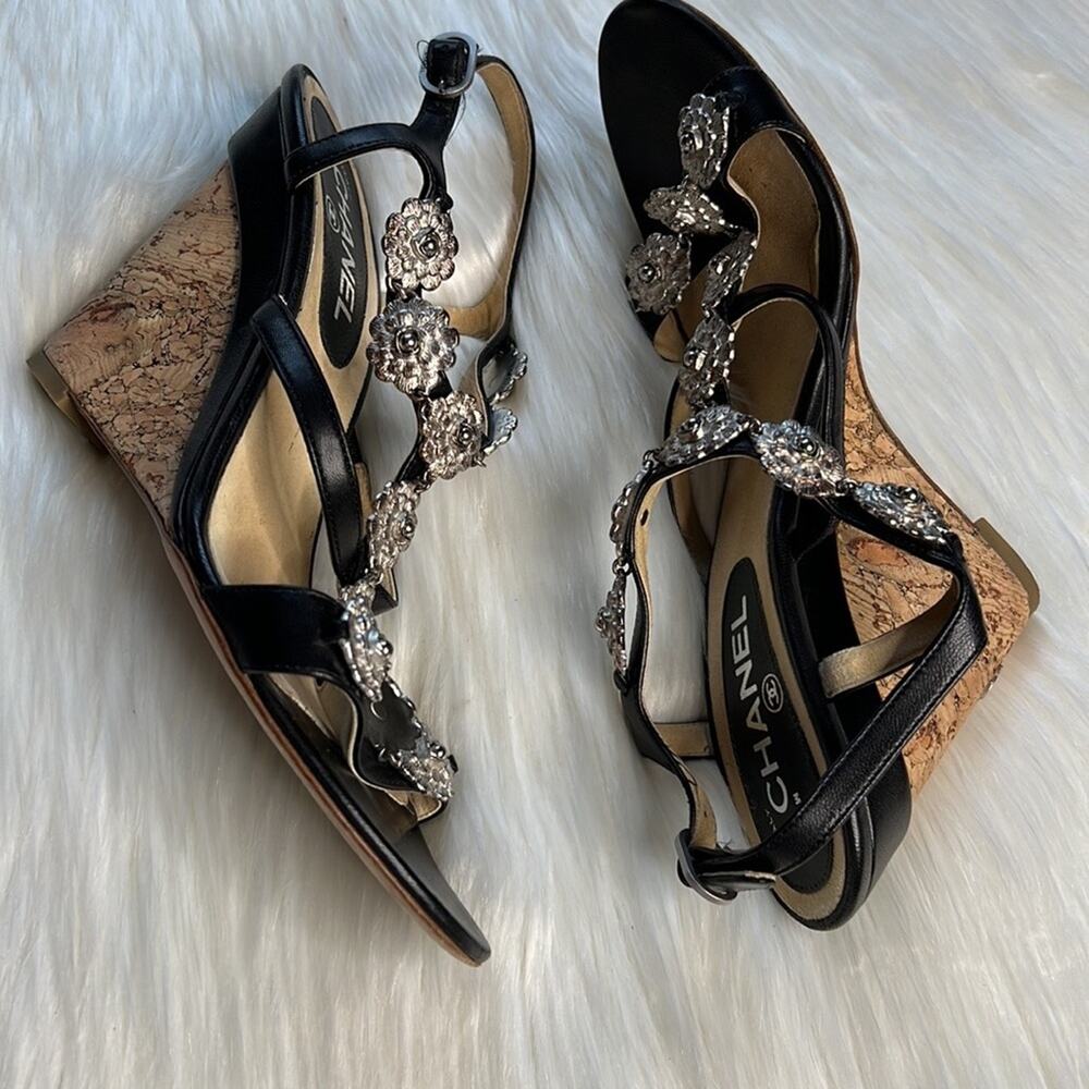 Chanel Black Camellia Charm Wedge Sandals - Picture 2 of 15